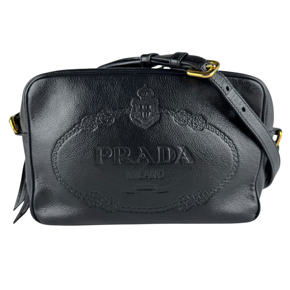 Prada black Glace Calfskin embossed logo camera crossbody bag